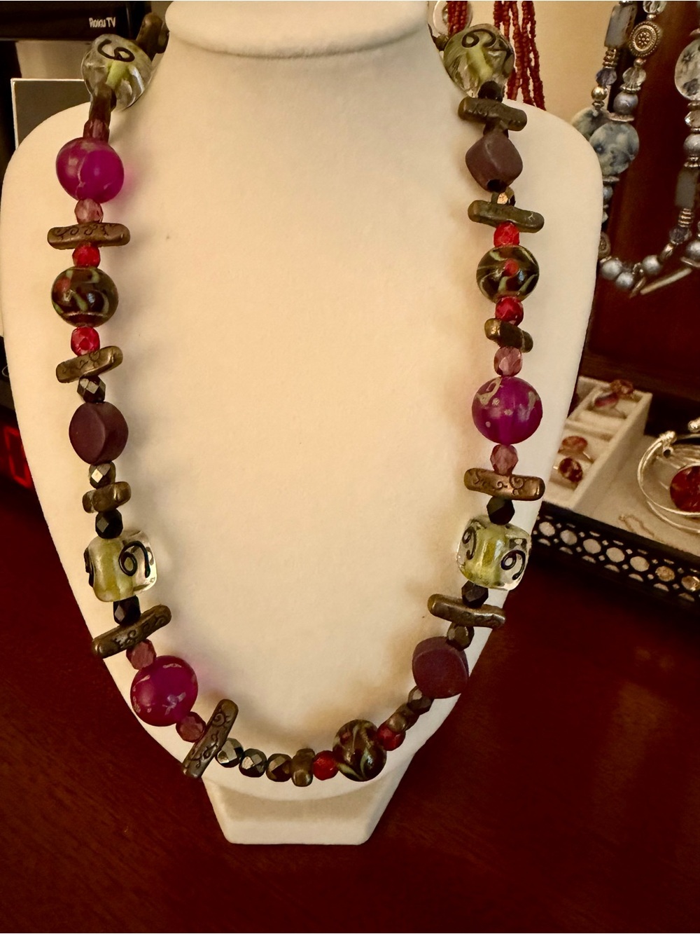 Chico's Multicolor Glass Bead Necklace in Purple, Green and Gold
